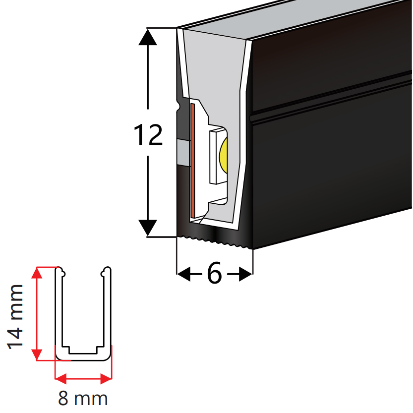 6*12mm 120° Side Emitting LED Diffuser Black Silicone Tube For 8mm LED Light Strips